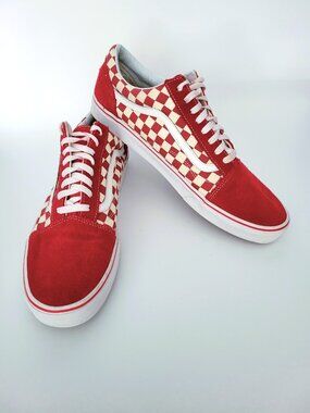 Vans Old Skool Mens 14 Sneakers Red White Checkerboard Suede Canvas Skate Shoes